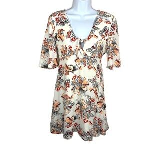 Love Fire Floral Short Sleeve Dress V Neck Love Fire Lined Above Knee White Red